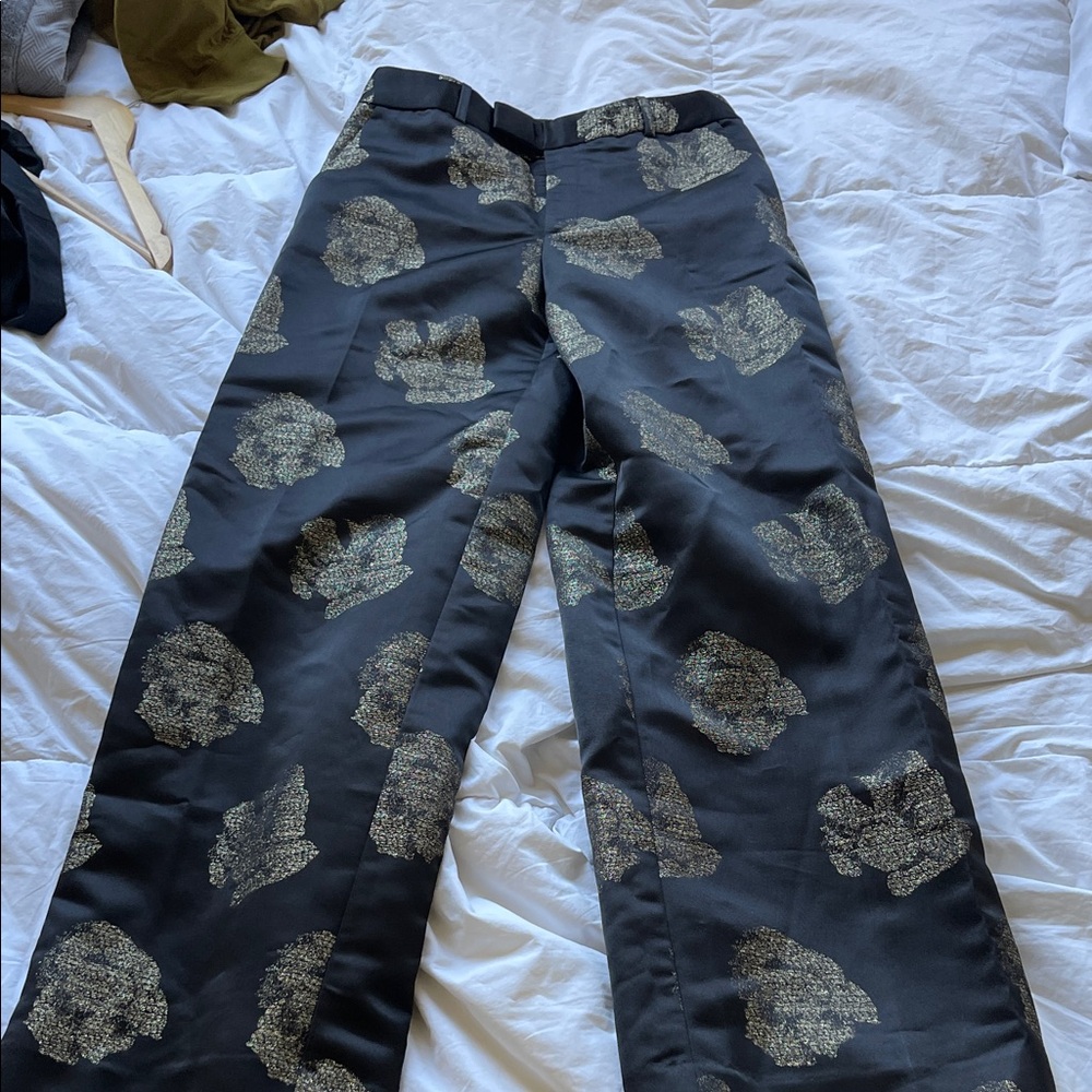 Banana Republic Black Wide-Leg Pants with Gold Floral Motif